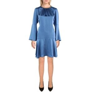 $299 EUC PINKO short sleeve dress M blue solid silky drop waist flare chain neck